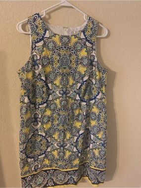 London Style Yellow, Navy & Teal Medallion Shift Dress
